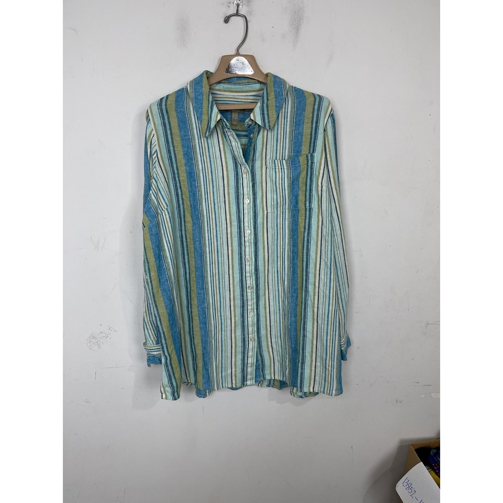 Naturals d&co Womens 1X Striped Linen Blend Roll Tab Sleeve Button‎ Up Shirt